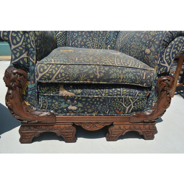 Vintage Set of 2 Arm Chairs With Wood Faces Surround Upholstered in Robert Allen Folkland Admiral Fabric For Sale - Image 4 of 12