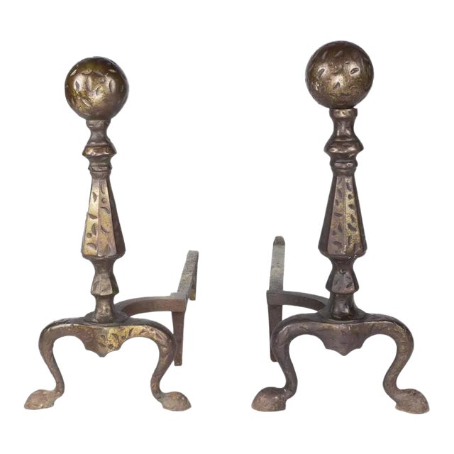 Pair of Hammered and Patinated Andirons For Sale