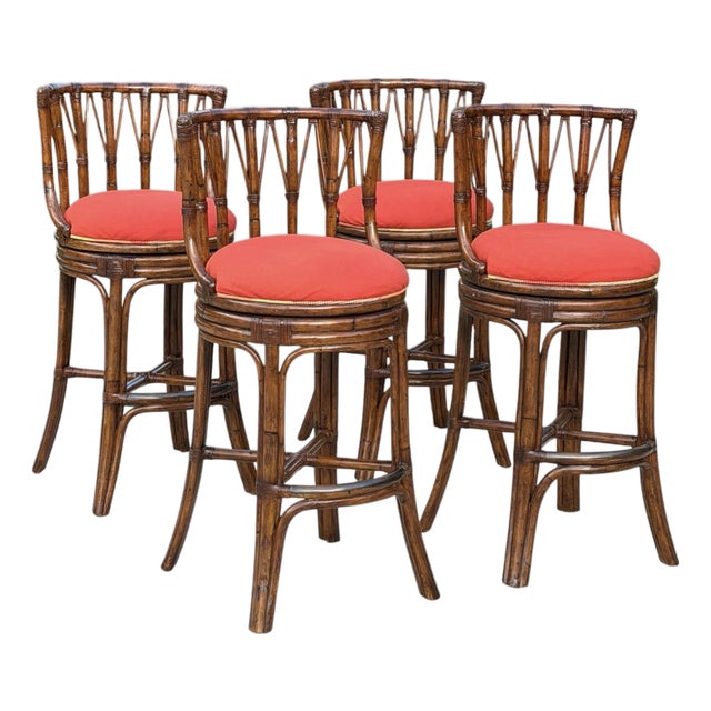 Tommy Bahama Island Estate Faux Bamboo Swivel Barstools, Set of Four For Sale
