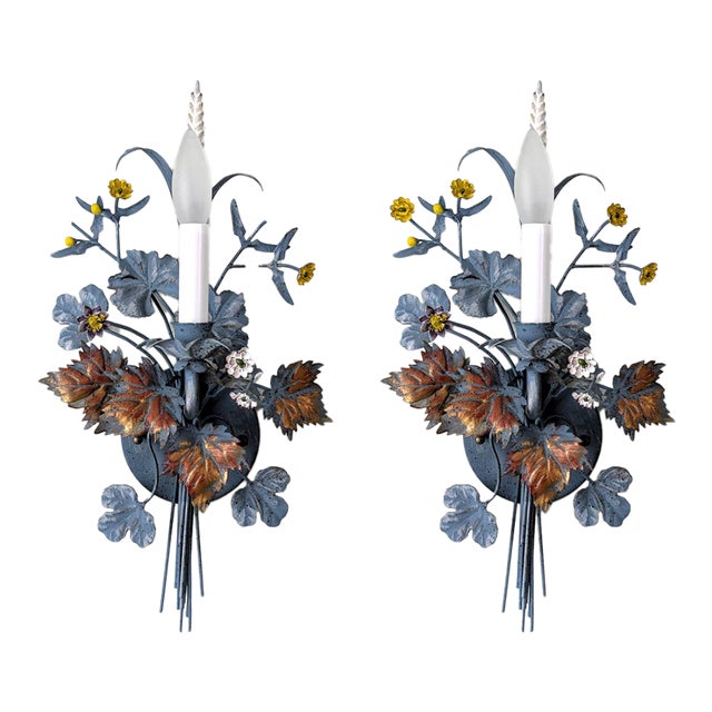 1940s Antique Italian Tole Electric Wall Sconces, a Pair For Sale