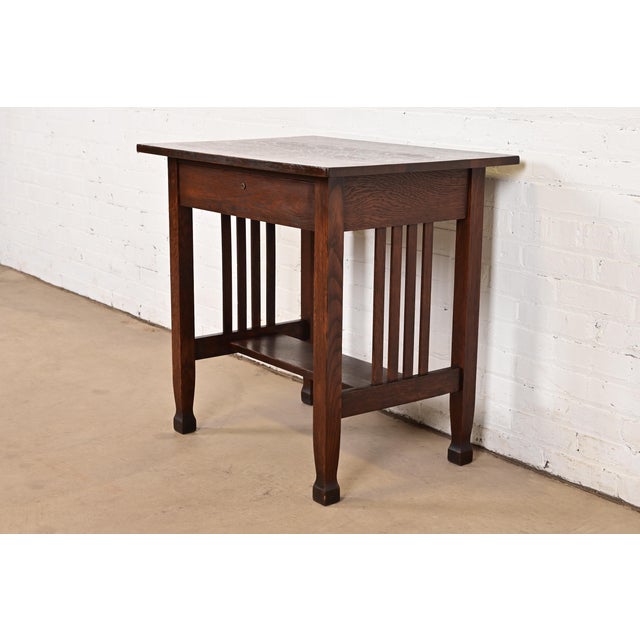 Charles Limbert Stickley Brothers Style Antique Mission Oak Arts & Crafts Writing Desk or Library Table, Circa 1910 For Sale - Image 4 of 12