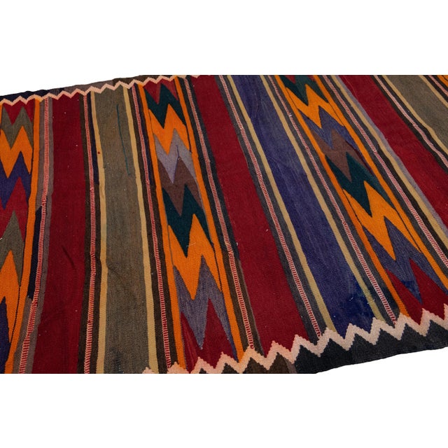 Red Vintage Kilim Handmade Flatweave Multicolor Striped Wool Runner For Sale - Image 8 of 10