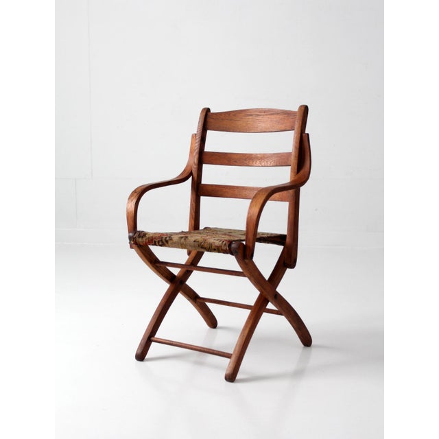 Campaign Antique Oak Campaign Folding Chair For Sale - Image 3 of 18