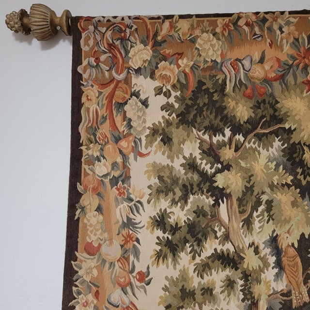 Vintage French Handwoven Aubusson Wall Tapestry, Bird in Woodland Landscape, Gobelins Weave For Sale In Raleigh - Image 6 of 11