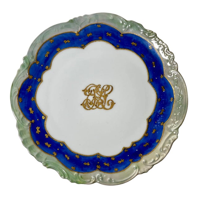 1920s Limoges Elite France “s. Keiner” Hand Painted Plate - Cobalt Blue Band, Gold Monogram Center, Pearlescent Finish on Rim, Scalloped For Sale