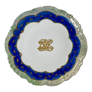 1920s Limoges Elite France “s. Keiner” Hand Painted Plate - Cobalt Blue Band, Gold Monogram Center, Pearlescent Finish on Rim, Scalloped