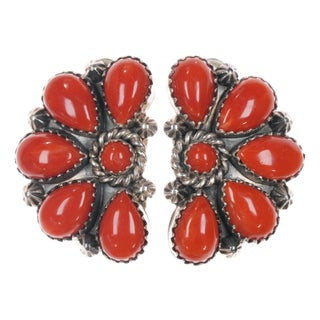 Mary Marie Yazzie Lincoln sterling high grade coral cluster clip-on earrings For Sale