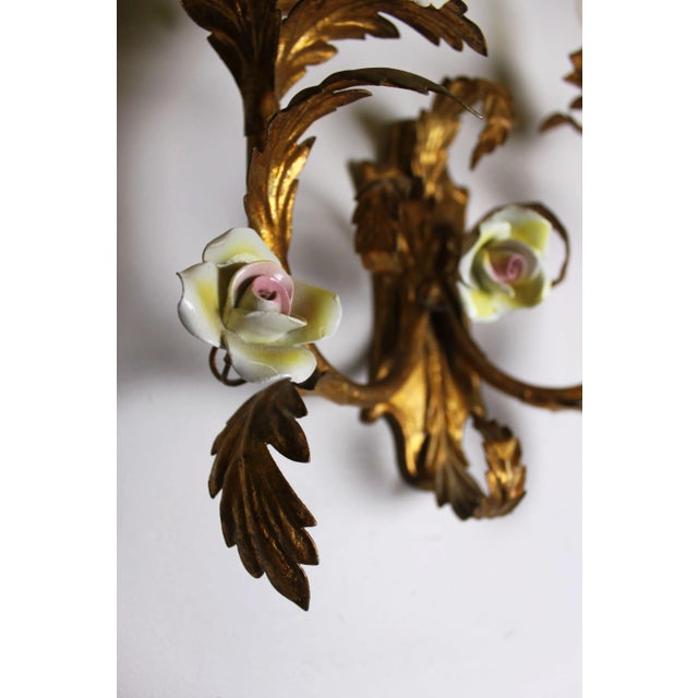 Golden Wall Lights and Porcelain Flowers, Set of 2 For Sale - Image 9 of 11