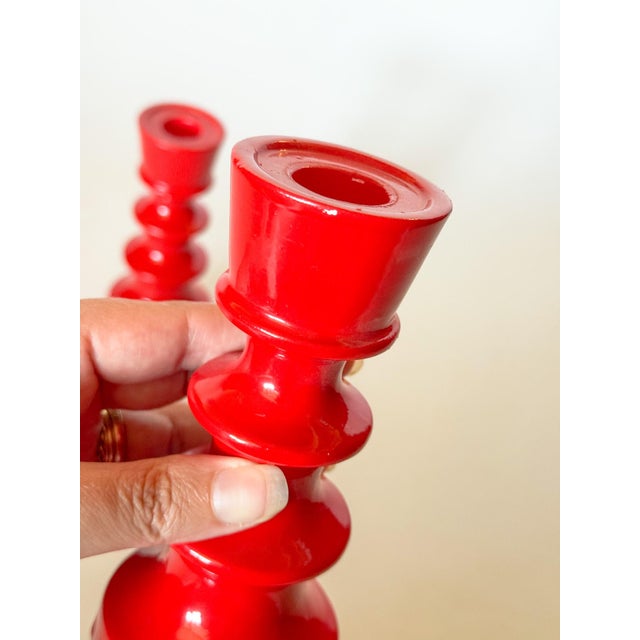 1960s Mid Century Scandinavian Style Red Ceramic Candlesticks- Set of 2 For Sale - Image 9 of 9