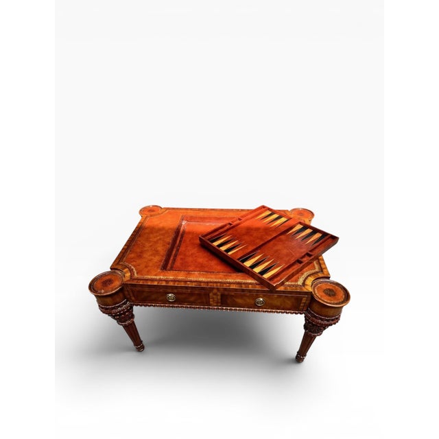 Maitland-Smith Leather Top Game Table W/ Chess & Backgammon, Carved Legs & Drawers For Sale In Boston - Image 6 of 13