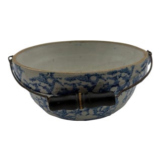 19th C. Antique Blue Spongeware Stoneware Bowl W/ Wire Bale Wooden Handle For Sale
