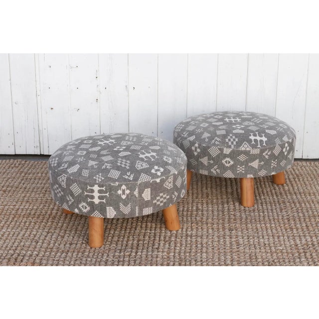Tribal Pair of Black & White Mali Dhurrie Ottoman Stools For Sale - Image 3 of 10