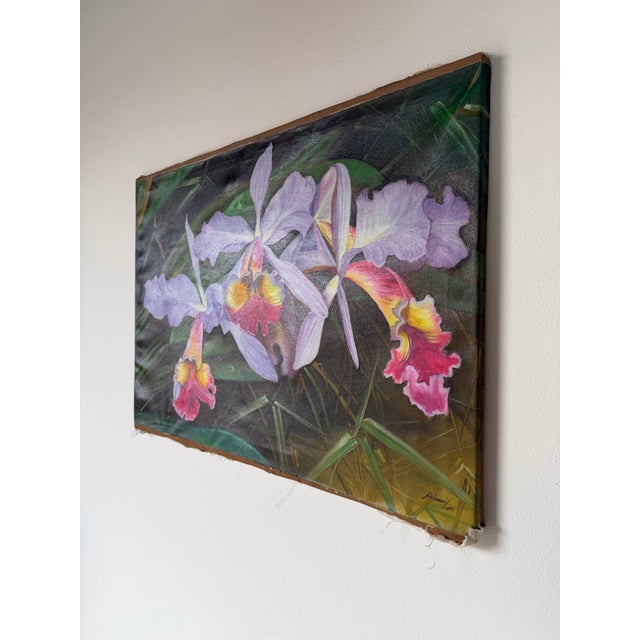 2000's Ashrami Tropical Orchids Oil on Canvas Painting – Signed, Unframed For Sale - Image 4 of 11