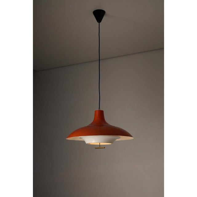 Large Mid-Century Orange Metal Pendant with White Diffuser and Brass Detail, 1960s For Sale - Image 3 of 11