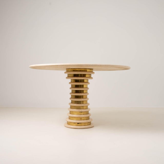 Stone Italian Travertine and Brass Pedestal Dining Table by Marzio Cecchi for Studio Most, 1970s For Sale - Image 7 of 14