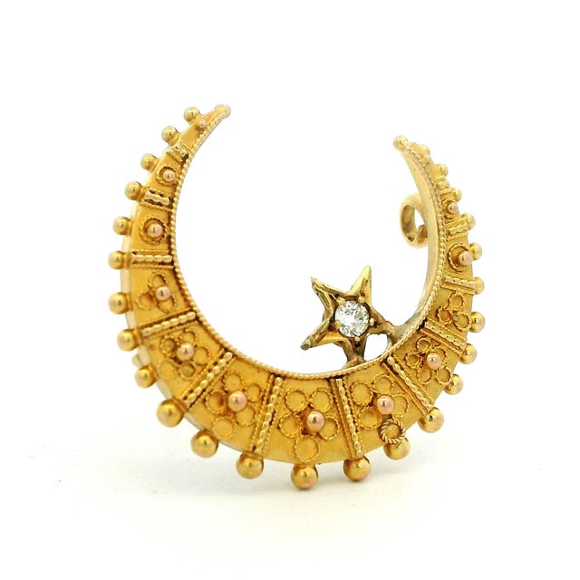 Victorian Late 19th Century Victorian 15k Gold Diamond Crescent Moon and Star Brooch For Sale - Image 3 of 13