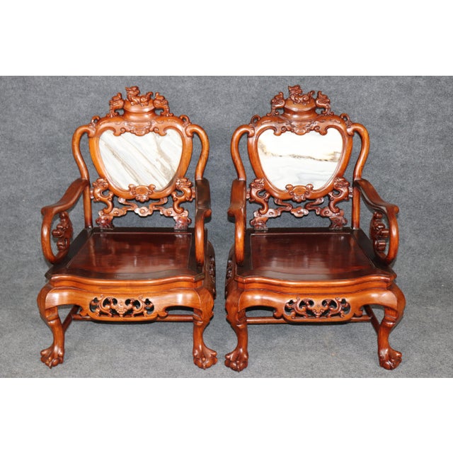Chinese Pair Vintage Chinese Carved Mahogany and Marble Back Arm Chairs For Sale - Image 3 of 16