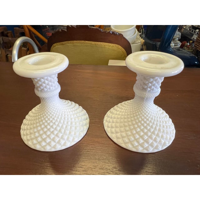 Mid-Century Modern 1960s Milk Glass Candlestick Holders- a Pair For Sale - Image 3 of 4