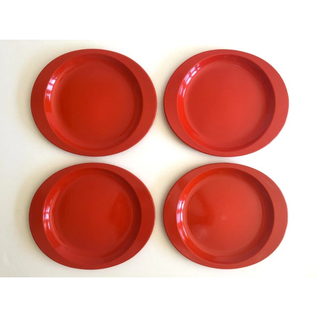 Vintage Mid Century Modern Orange Enamel Oval Metal Plates & Hand Woven