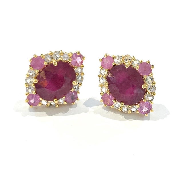 Bochic "Orient" Vintage Pastel & Red Rubies Earrings Set In 18K Gold & Silver For Sale - Image 11 of 18