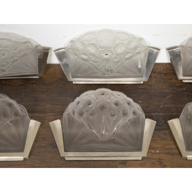 Metal Early 20th Century Art Deco Period Molded Glass Wall Sconces in Silvered Metal Mounts - Pair For Sale - Image 7 of 10