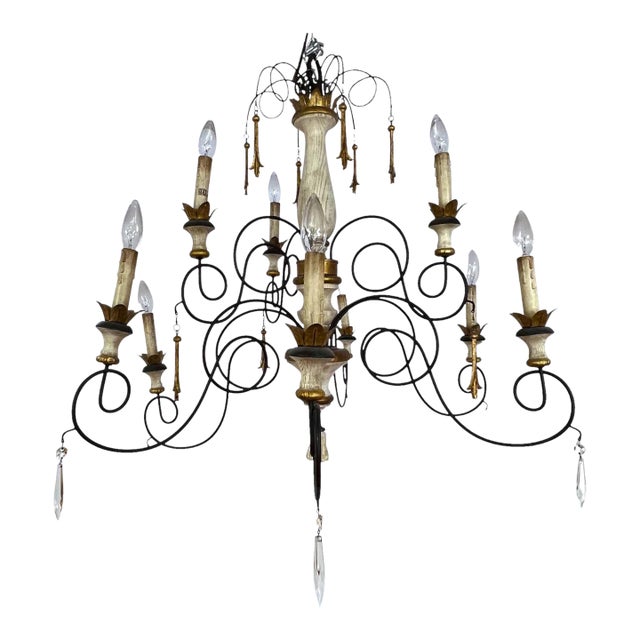 French Country 10-Light Wrought Iron Chandelier With Carved Wood Accents For Sale