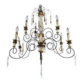 French Country 9-Light Wrought Iron Chandelier With Carved Wood Accents For Sale