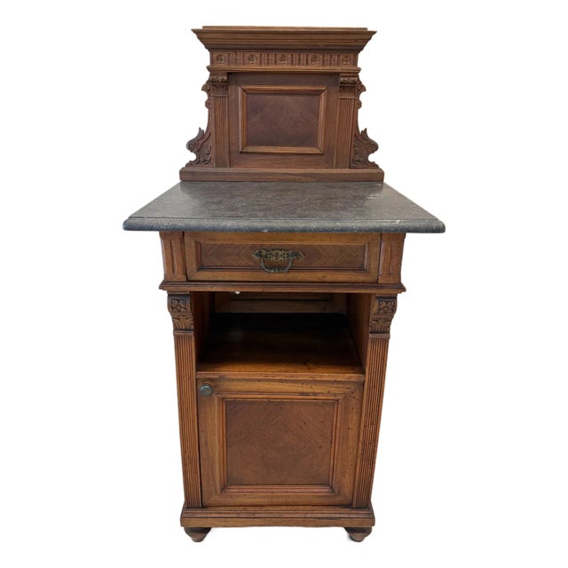 Victorian Walnut Marble Top Nightstand Cabinet For Sale