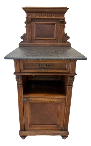 Victorian Walnut Marble Top Nightstand Cabinet