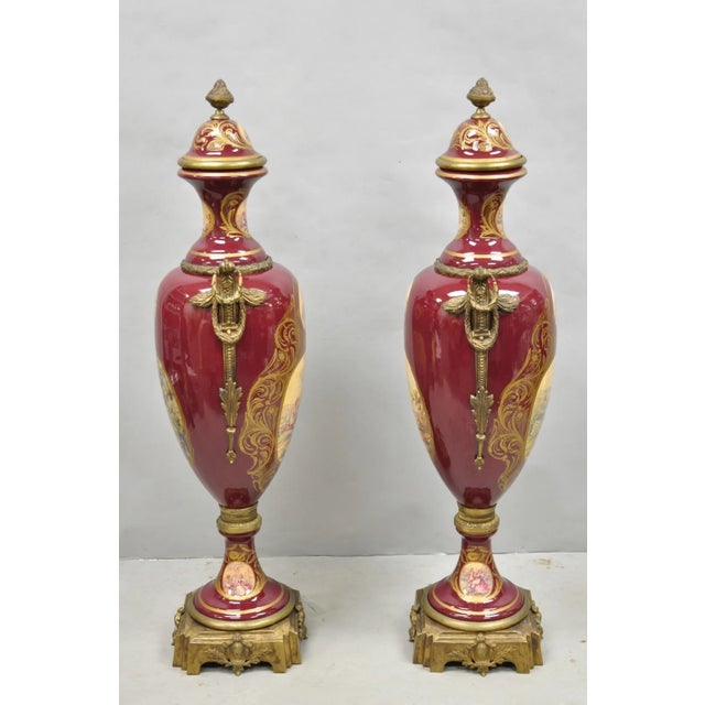 Vintage Palace Size French Sevres Style Red Porcelain Revolving Covered Urn Pair For Sale - Image 15 of 18