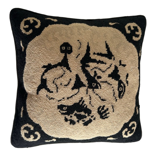 1990s Black and Beige Handmade Needlepoint Pillow For Sale