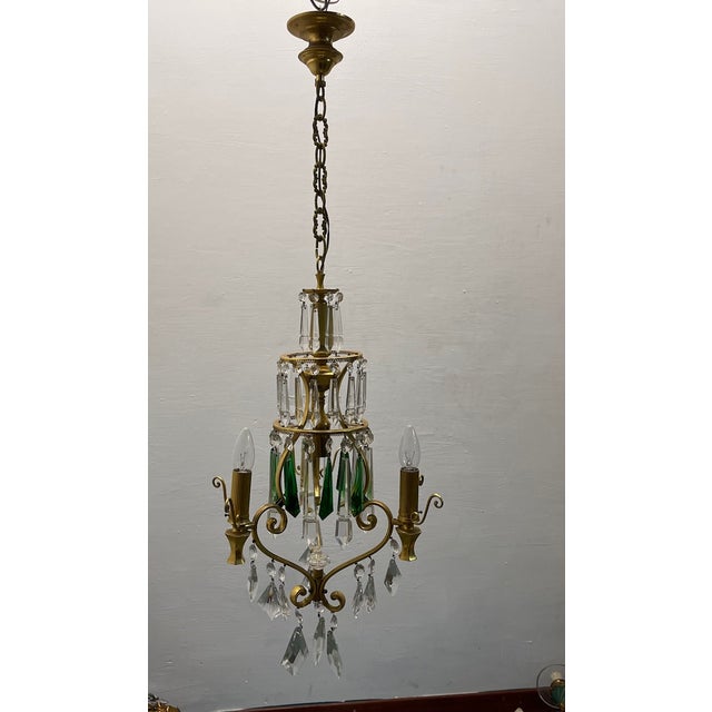 Brass and Green Crystal Chandelier, 1960s For Sale - Image 6 of 12