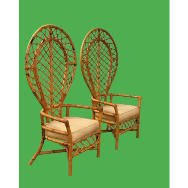 1970s Monumental Pair of Balloon Back Bamboo & Rattan Lounge Chairs For Sale - Image 9 of 12