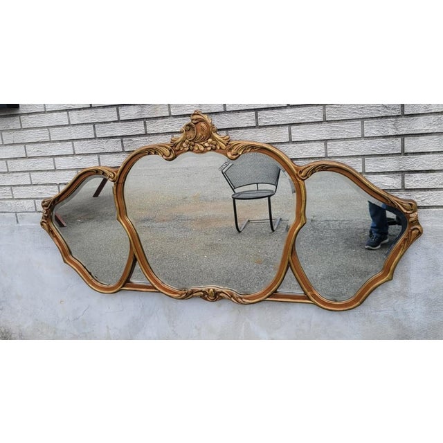 French 1920 Louis XV Style Triple Gilded Wall Mirror Gold Rococo Accent For Sale - Image 3 of 17