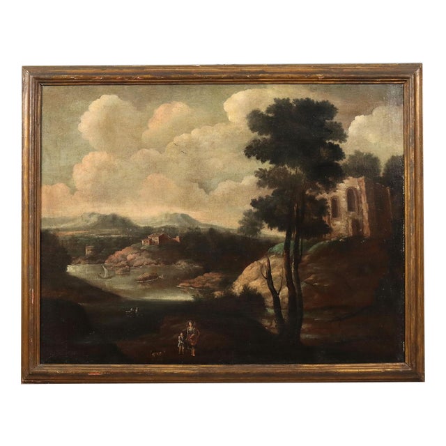 Landscape with Building and Figures, Oil on Canvas For Sale