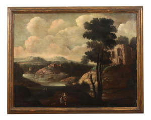 Landscape with Building and Figures, Oil on Canvas