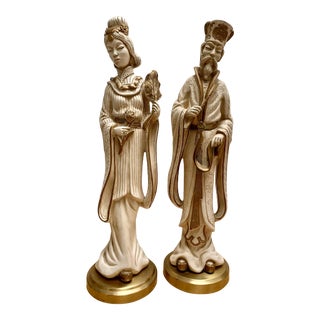 1950s Asian Large Chinoiserie Male & Female Sculptural Statues For Sale
