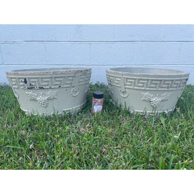 Shabby Chic Pair of Mid-Century Cast Stone Greek Key & Grapevine Tub Planters - Asheville Estate For Sale - Image 3 of 9