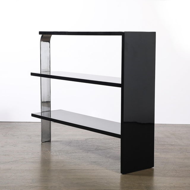 Art Deco Streamlined 3-Tier End Table/Bookcase in Black Lacquer W/ Curved Chrome For Sale - Image 11 of 12
