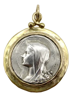 1990s Sterling Silver and 14k Gold Brother Wolf Our Lady of Lourdes Medallion
