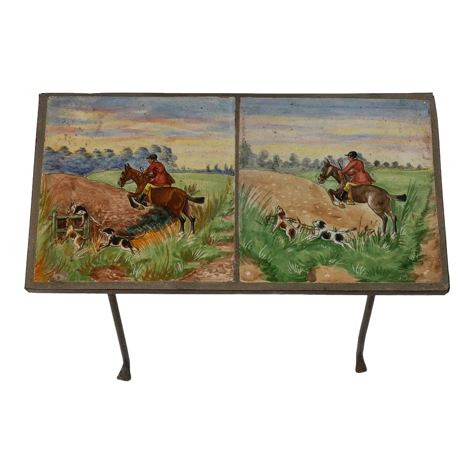 Wrought Iron Fox Hunt Tile Top Table | Chairish
