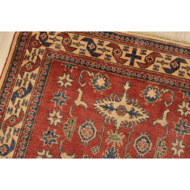 Kazak Rug 4′ X 5’4” Red Wool Tribal Hand-Knotted Oriental Carpet For Sale In Philadelphia - Image 6 of 12