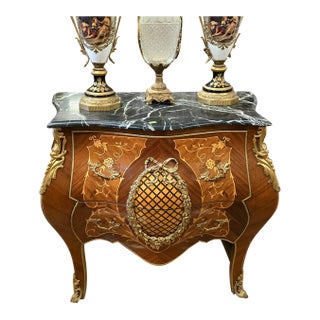French Louis XV Marquetry Bombe Commode With Black Marble Top & Gilt Bronze Ormolu Mounts For Sale