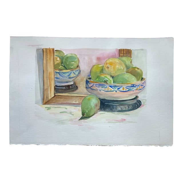 1980’s Original Watercolor Still Life Painting Green Pears in Bowl With Mirror For Sale