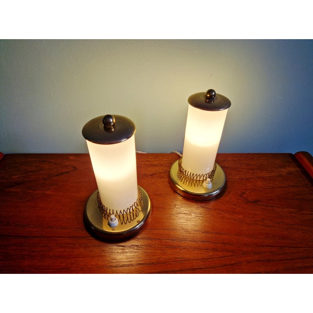 Cream Mid-Century Modern Bedside Lamps in Brass and Cream Opaline Glass, 1950, Set of 2 For Sale - Image 8 of 16
