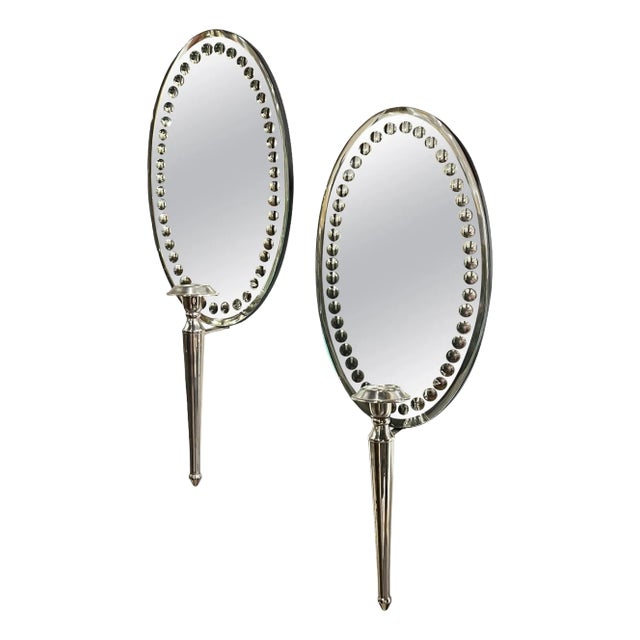 Vintage Oval Mirror Back and Silverplate Sconces - A Pair For Sale