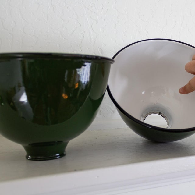 Two Small Industrial Green and White Enamel Domed Factory Pendant Shades For Sale - Image 10 of 11