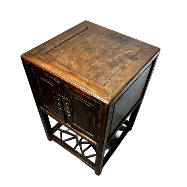 Chinese Antique Chinese Wood Cabinet With Decorative Fretwork Cracked Ice on Base For Sale - Image 3 of 12