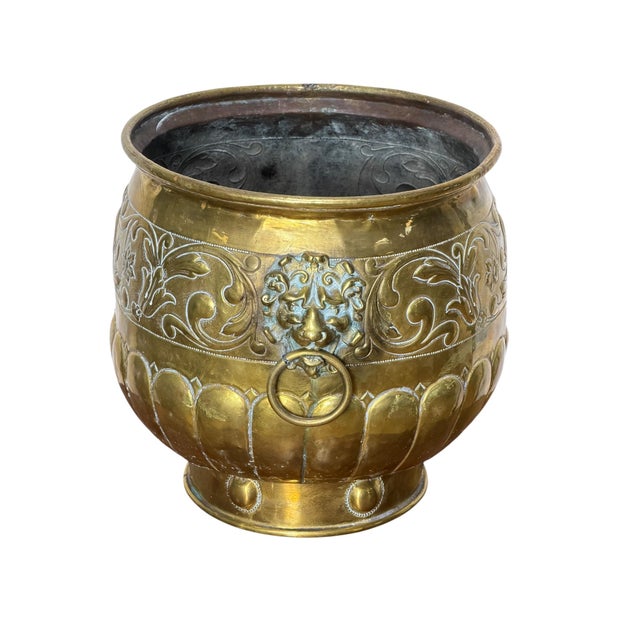 Antique Victorian Brass Jardiniere Planter With and Lion Head Handles For Sale - Image 4 of 11