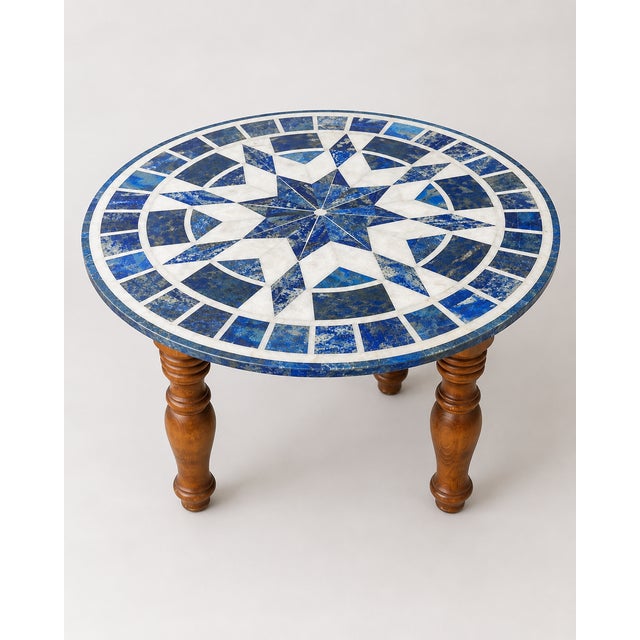 Indian 40" Round Genuine Lapis Lazuli Stone Inlay Mosaic Table For Sale - Image 3 of 5